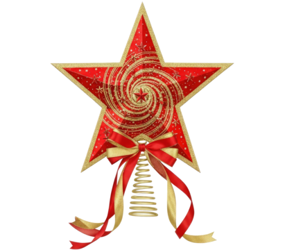 A red and gold star with a candy cane design on a png transparent.