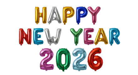 Colorful happy new year 2026 balloons isolated on transparent background