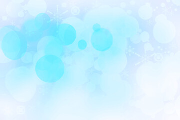 Abstract blurred festive delicate winter christmas or Happy New Year background texture with shiny light turquoise blue and bright bokeh lighted stars and snowflakes. Card concept.