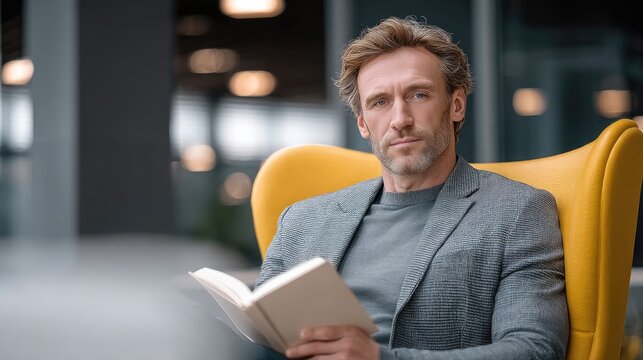 a 30 year old business professional in smart casual reading a small book with real focus and curiosity, seated relaxed yet intentional, in modern warm office lounge