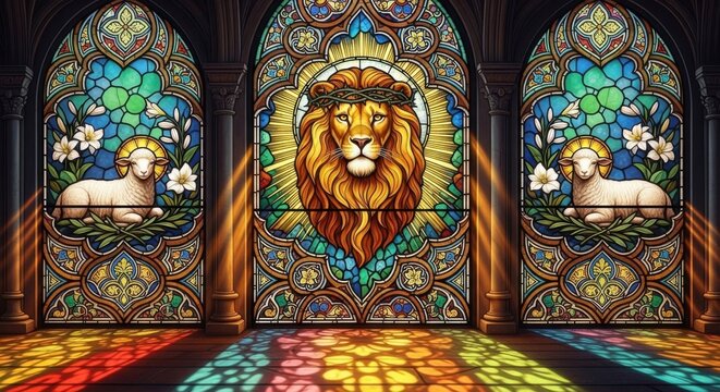 Vibrant stained glass windows depicting a lion and lambs in a peaceful setting with colorful light patterns - Powered by Adobe