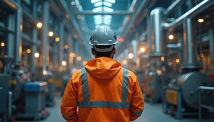 Worker in hard hat and safety jacket walks through industrial factory. Large pipes and machinery line the factory floor. The worker faces away, observing the production environment.
