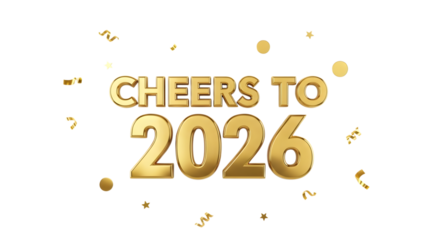 Golden cheers to 2026 with confetti isolated on transparent background