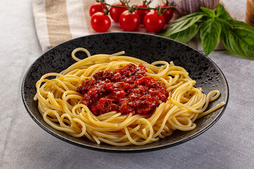 Italian pasta spaghetti bolognese with minced beef meat and tomato sauce