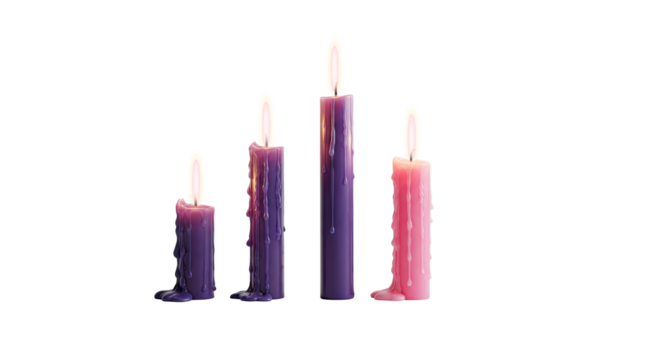 Four candles of different colors and heights on a png transparent.