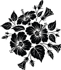 Black silhouette hibiscus flowers and leaves arrangement © saju