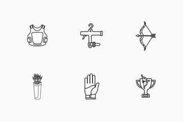 Archery Equipment and Success Line Icon Set - Bow, Quiver, and Trophy Symbols