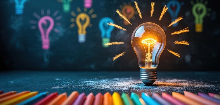 Bright light bulb shines amid colorful chalk drawings on blackboard. Innovation idea concept represented in education school classroom. Symbol of solution brainstorming, creative thinking in business