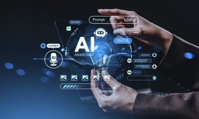 AI assistant interface with holographic elements showing content generation and idea creation through futuristic digital interaction concept.