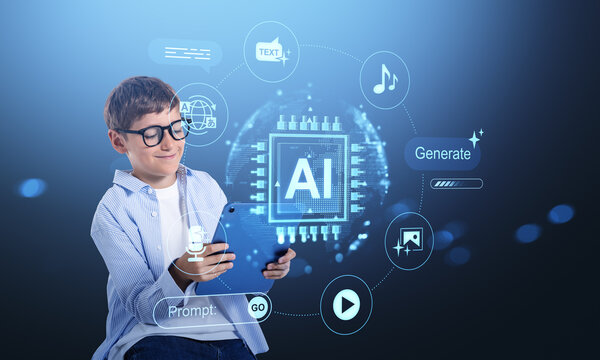 Kid using tablet with AI technology icons like prompt, generate,