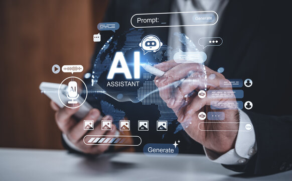 Businessman interacts with futuristic AI assistant interface using digital pen and smartphone in modern workspace concept of content generation technology.