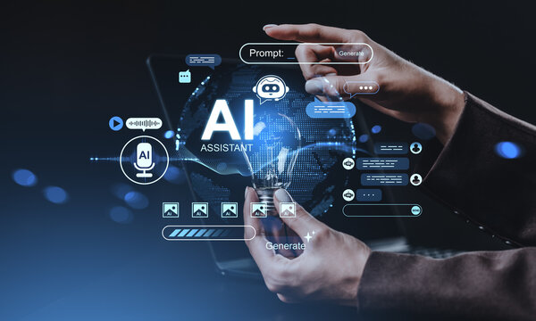 AI assistant interface with holographic elements showing content generation and idea creation through futuristic digital interaction concept.