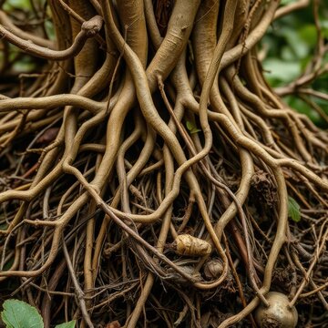 Tangled tree roots close-up in forest floor, symbol of strength and connection