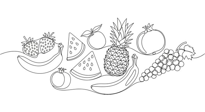 Vector illustration of continuous line drawing of various fruits