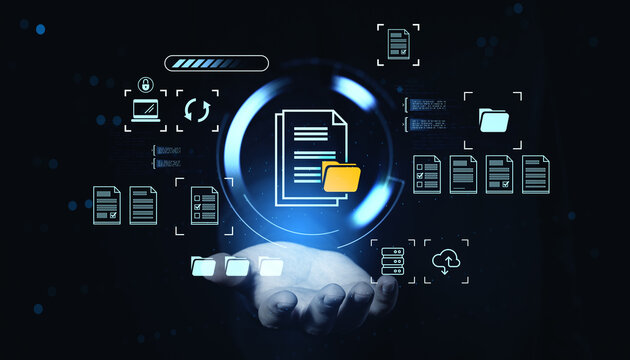 Digital document management concept with glowing file and folder icons floating above a hand on dark futuristic background interface screen.