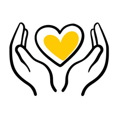 Obraz premium Simple line art icon of two hands gently holding a heart with a yellow center. Represents care, charity, health, donation, love, or protection for non-profit organizations and wellness websites