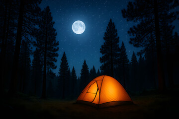 Luminous Tent Under Moonlight: A Night Camping Adventure in the Wilderness