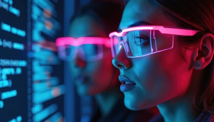 Two women wearing futuristic glasses analyze complex data streams on large screen. Faces reflect glowing blue, pink digital interface, intense concentration, collaborative work in dim, modern setting.