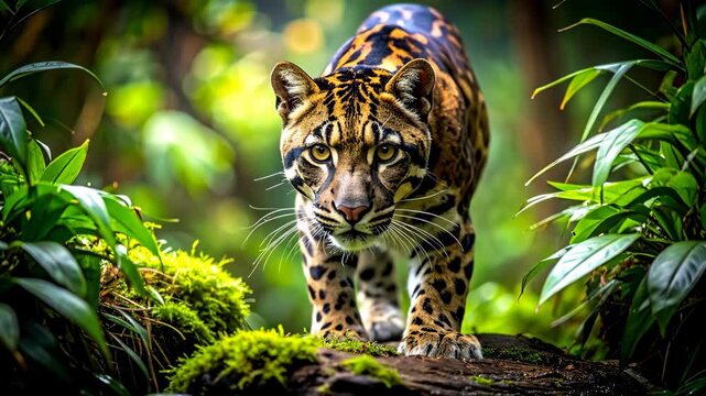 Clouded Leopard Stalking Through Lush Jungle Undergrowth.