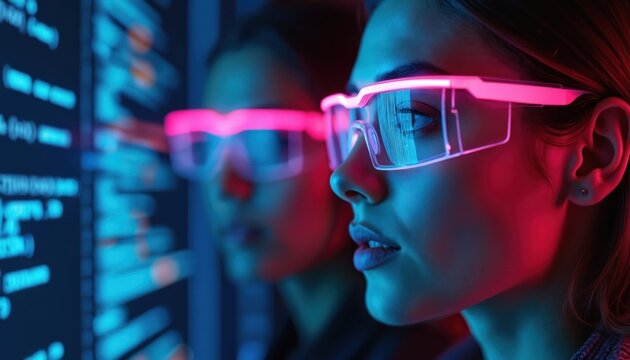 Two women wearing futuristic glasses analyze complex data streams on large screen. Faces reflect glowing blue, pink digital interface, intense concentration, collaborative work in dim, modern setting.