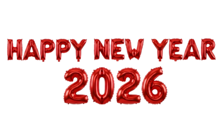Shiny red balloons form happy new year 2026 text isolated on transparent background