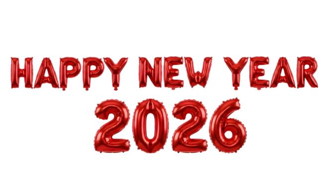 Shiny red balloons form happy new year 2026 text isolated on transparent background