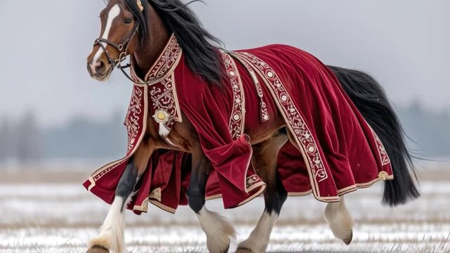 Majestic brown horse wearing ornate red cape walking gracefully in snowy landscape during winter season