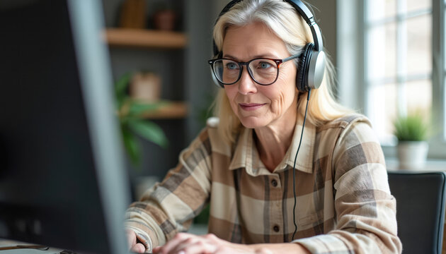 Elderly woman wears headphones, glasses. Focuses on computer screen, working from home office. Mature female freelancer uses laptop for online job. Senior lady studies, learning new tech skills,