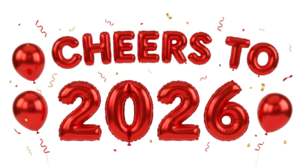 Shiny red balloons spell cheers to 2026 isolated on transparent background