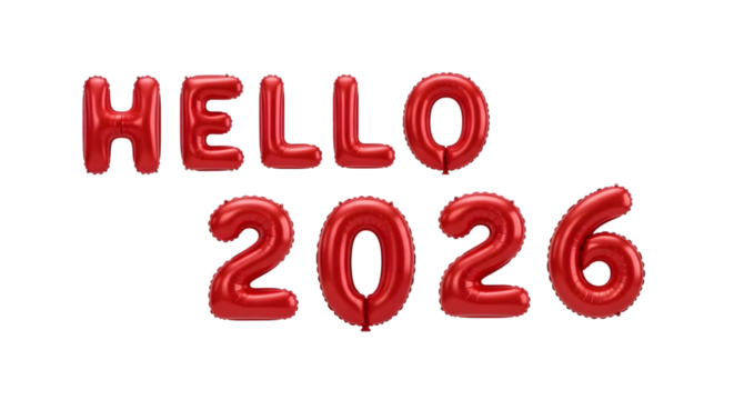 Red balloon letters saying hello 2026 isolated on transparent background