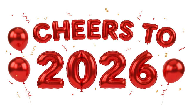 Shiny red balloons spell cheers to 2026 isolated on transparent background