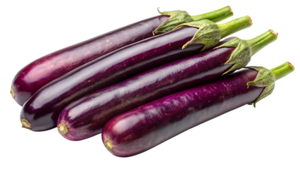 Four long, slender japanese eggplants with vibrant purple skin and green stems, isolated on a transparent background, showcasing their fresh, healthy appearance and natural shape