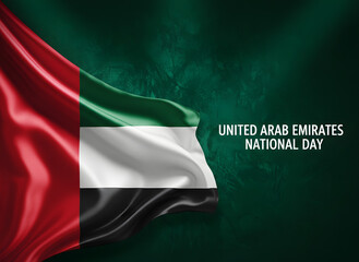 Waving united arab emirates flag with national day text on a textured green background