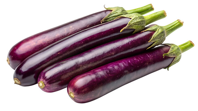 Four long, slender japanese eggplants with vibrant purple skin and green stems, isolated on a transparent background, showcasing their fresh, healthy appearance and natural shape