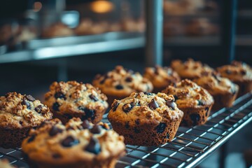 A close-up of freshly baked muffins on a cooling rack, with chocolate chips and blueberries
