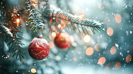 Close up of snow covered christmas tree branch with red bauble