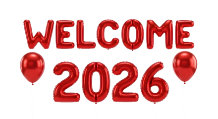 Red balloons form welcome 2026 text isolated on transparent background