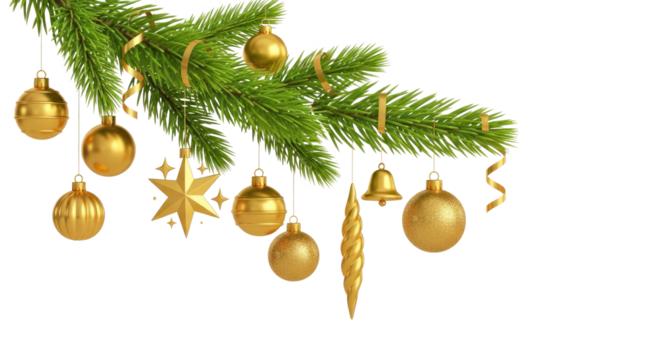 Christmas tree branch with golden ornaments and decorations. - Powered by Adobe