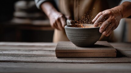 artisan shaping decorative concrete piece by hand, workshop lighting, creative industrial atmosphere.