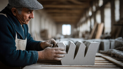 artisan shaping decorative concrete piece by hand, workshop lighting, creative industrial atmosphere.