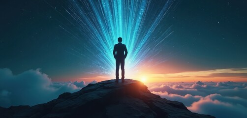 Man in suit stands on mountain peak above clouds at sunset. Looks into digital data streams. Businessman achieves success in technological era. Leader explores future with innovation, progress.