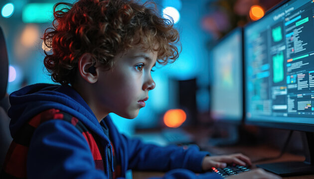 Young boy with curly hair intently focuses on computer screen displaying code. Child wearing blue hoodie sits indoors at desk, typing on keyboard. Youth engrossed in digital world at night with neon