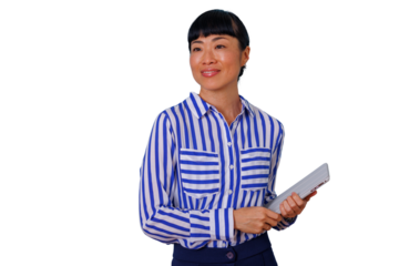 Female doctor with curly hair smiling and holding stethoscope, representing healthcare, medicine, and wellness, transparent background