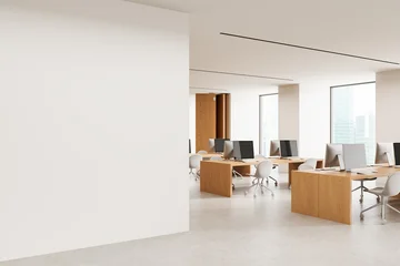 Fototapeten Pony Modern office interior with blank wall mockup space and clean workspace layout featuring wooden desks and large windows in bright environment. 3D Rendering  © ImageFlow
