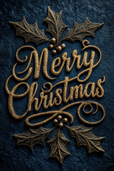 Merry Christmas typography with holly leaves on deep navy background