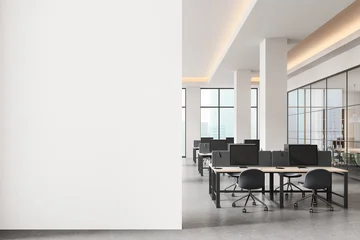 Wandcirkels plexiglas Gekleurd Glas Empty white wall mockup in modern open space office with bright interior and computer desks, perfect for poster or banner design presentation template. 3D Rendering  © ImageFlow
