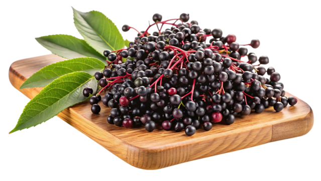 A closeup shot of a cluster of fresh elderberries with green leaves, resting on a rustic wooden cutting board, isolated on a transparent background