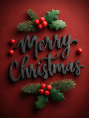 Merry Christmas typography with holly berries and pine leaves on bold red background