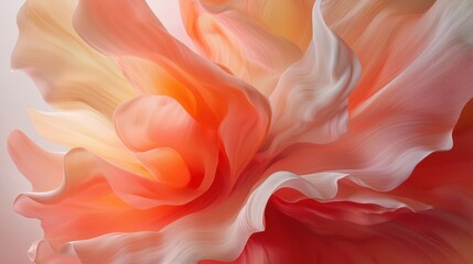 close-up view of a delicate flower petal in soft shades of orange and white, showcasing intricate textures and flowing forms.