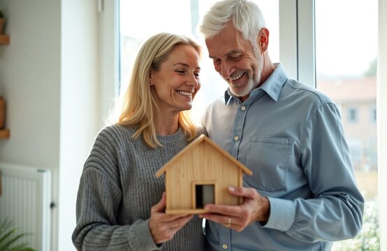 Happy senior couple holds small wood house model indoors. Mature man and woman smile looking at home, new beginning, family future, real estate concept.